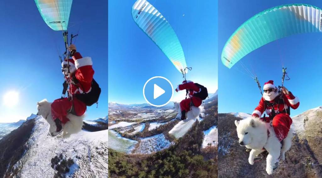 Santa Claus is seen paragliding with his pet dog viral video wins internet