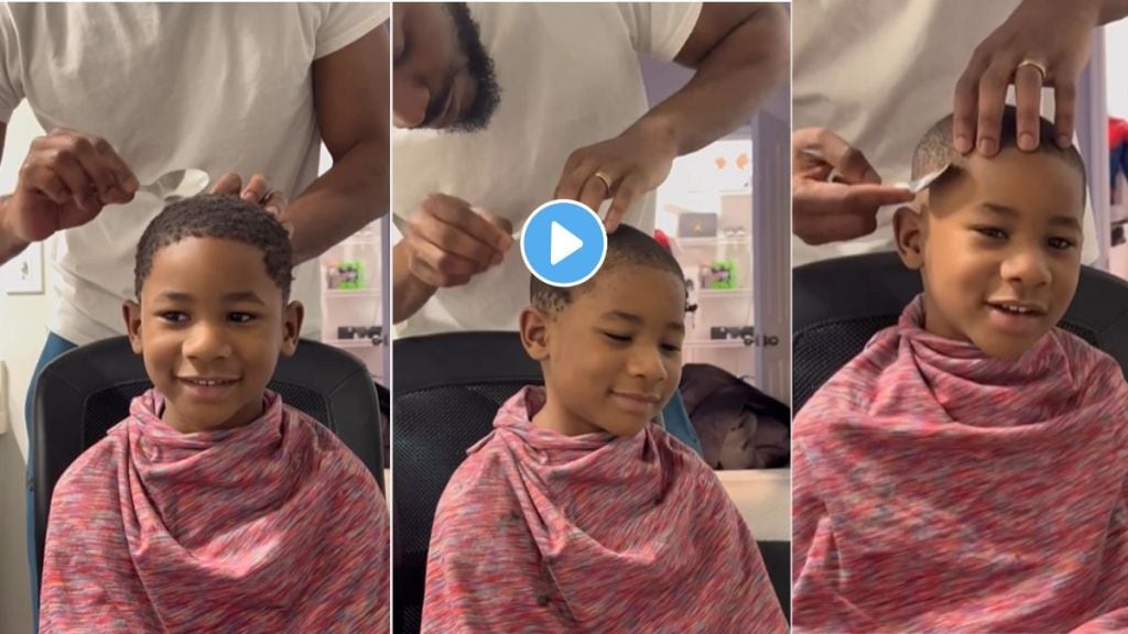 Father doing his son's haircut with spoon