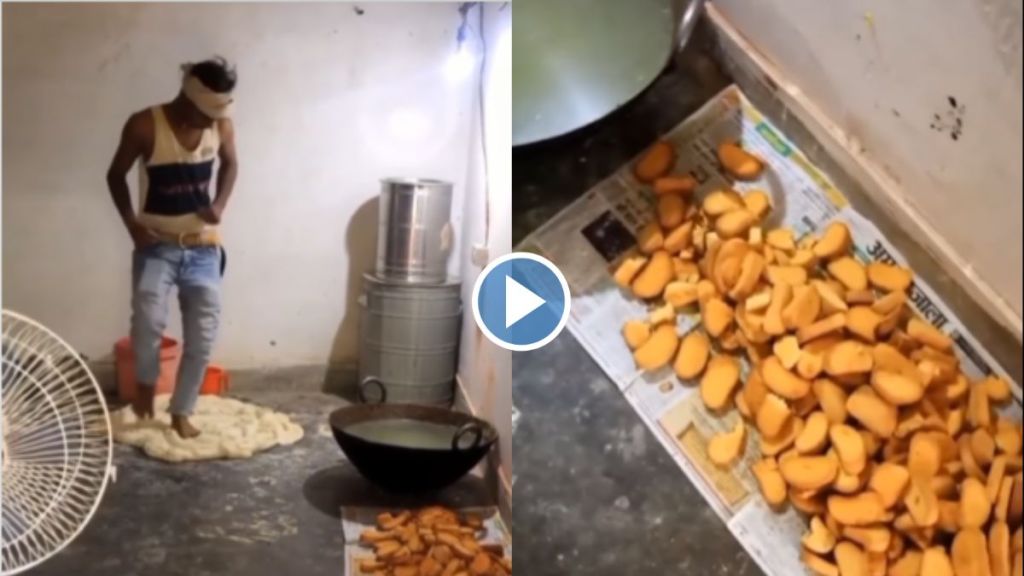 Viral Video of worker kneading flour with feet