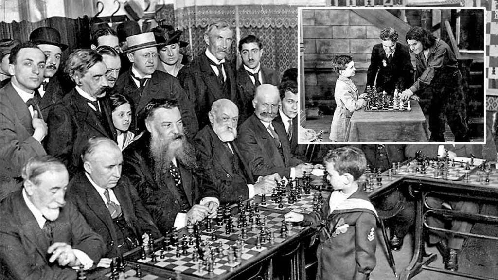 1) ‘द थ्री मस्केटियर्स’(१९२१) या अमेरिकन मूक चित्रपटाच्या चित्रीकरणादरम्यान डग्लस फेअरबँक्ससोबत बुद्धिबळ खेळताना सॅम्युएल रेशेवस्की आणि त्यांचा खेळ पाहताना चार्ली चॅप्लिन. 2 ) समोरील प्रत्येक प्रतिस्पर्ध्याला हरवणारा आठ वर्षांचा सॅम्युएल रेशेवस्की.