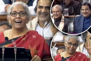 Nirmala Sitaraman laughing after mistake in budget speech