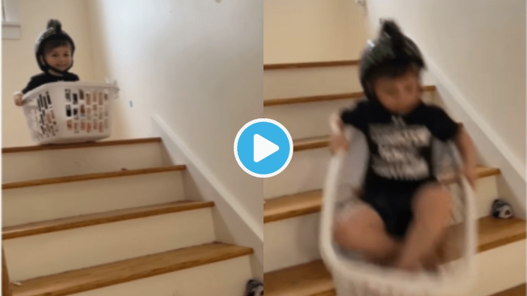 Video Kid Sits In Basket Slides Through Ladder Falls On The Floor Says Something Shocking Viral Clip Make You Angry