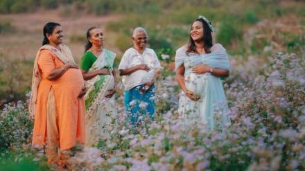 Three generations of a family strike poses for heartwarming maternity shoot