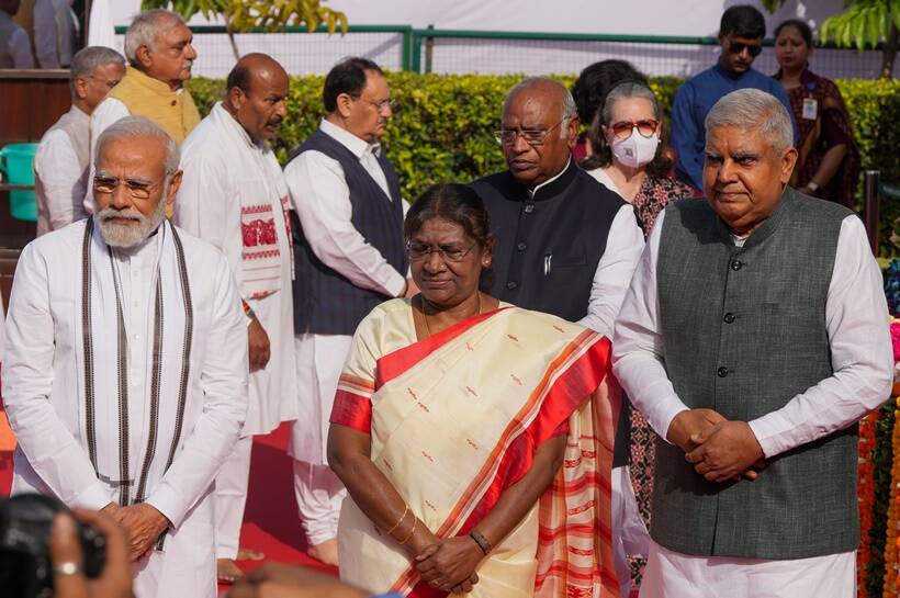 President Droupadi Murmu and the PM were joined by Vice President Jagdeep Dhankhar and Lok Sabha Speaker Om Birla in paying floral tributes to Ambedkar. (PTI)