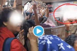 Mumbai local Viral Video Lady Catch Train With Baby Makes Dangerous Jugaad For Seat People Shocked Call Stupid