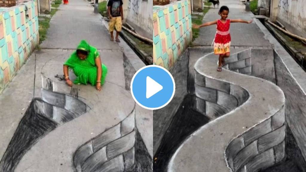 Woman draws picture of bridge on street