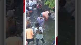 A flood of money down the drain People jump directly into the drain to pick up bundles of notes