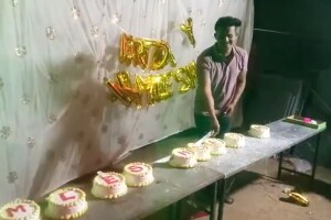 youth cuts 11 cakes sword birthday bhandara