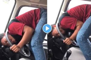 person head badly stuck in car steering