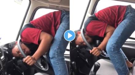person head badly stuck in car steering