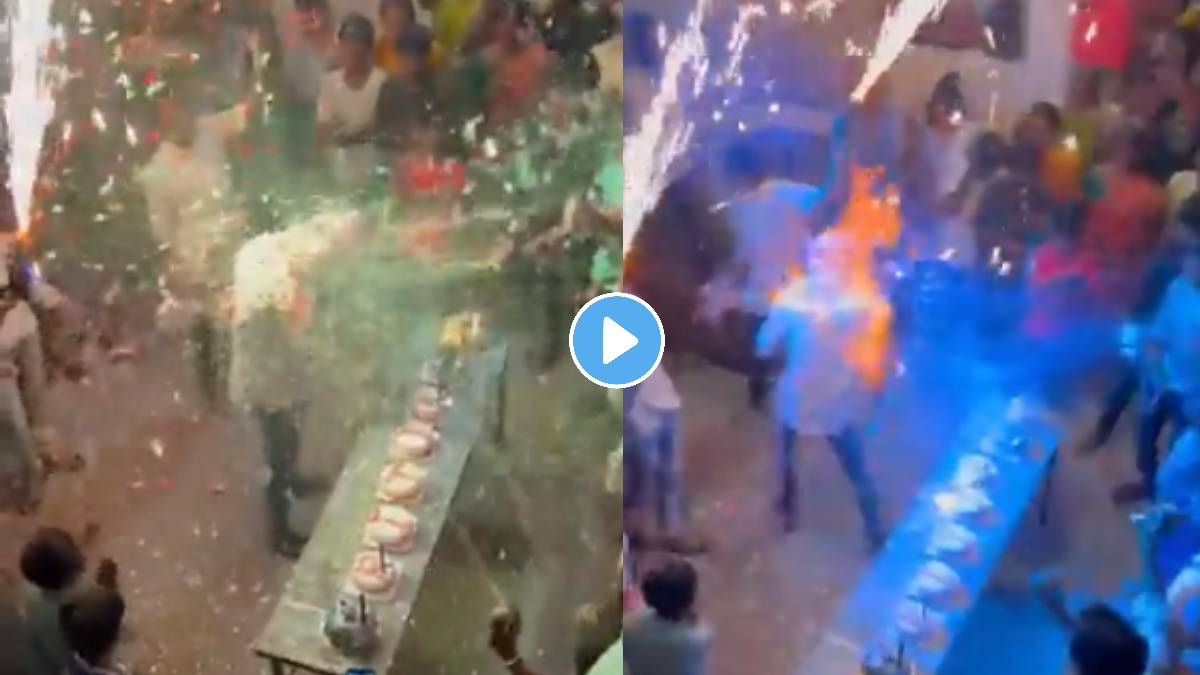 wardha news face caught fire while cutting cake video viral