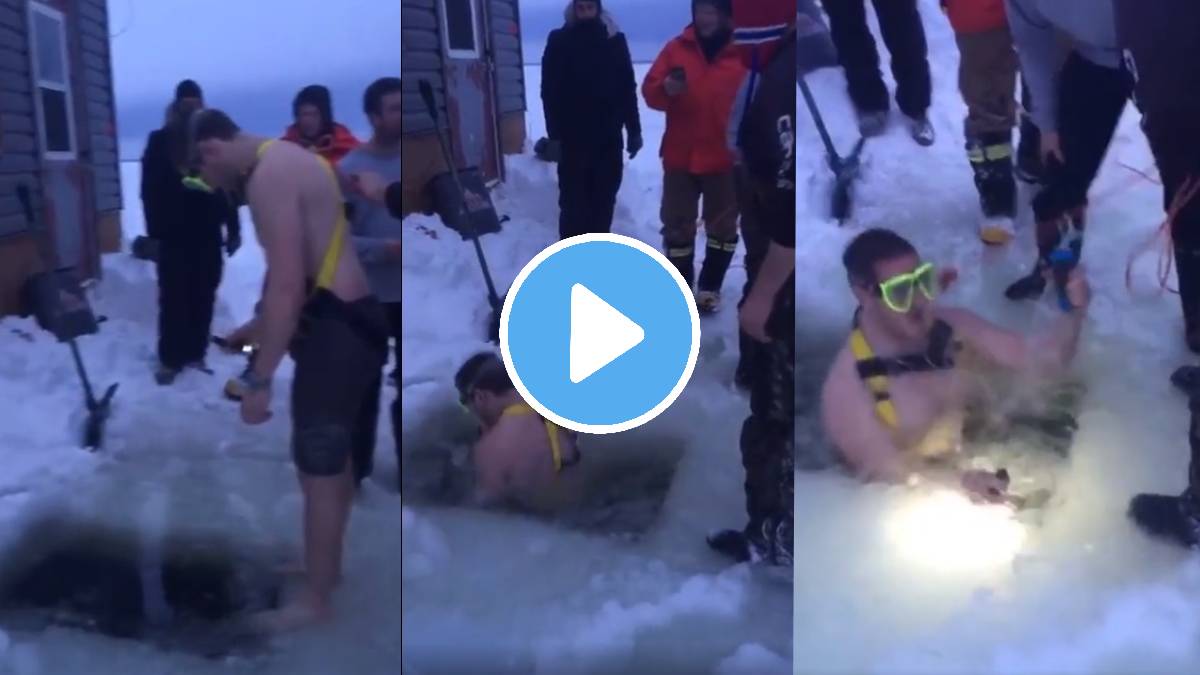 Man dip ice cold water for friends phone