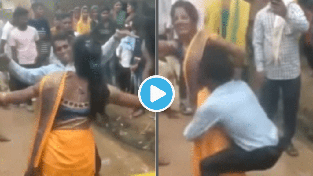 Indian Aunty Dancing In Wedding Wearing Saree Falls on Face As Husband Picks Her From Waist Watch Video Make You Laugh