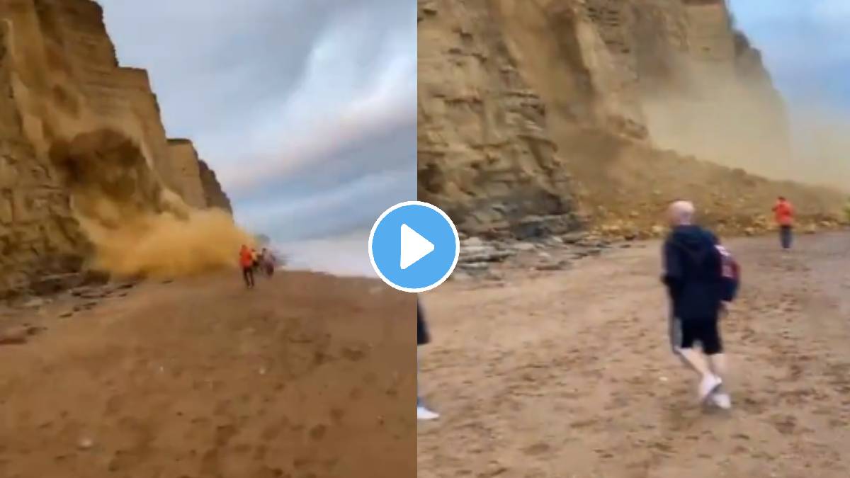 Video: Tourists' narrow escape from disastrous accident after cliff collapses on UK beach shocking video viral on social media