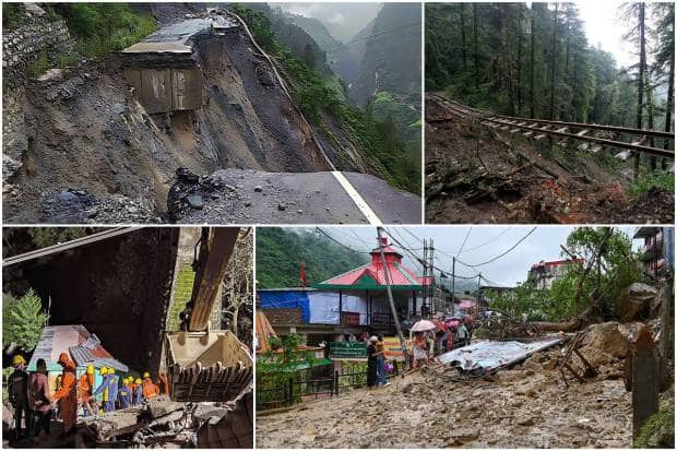 हिमाचल प्रदेशात रविवारपासून संततधार पावसाने थैमान घातलं आहे. पावसासंबंधित घडलेल्या विविध दुर्घटनांमध्ये आतापर्यंत ५७ जणांचा मृत्यू झाला आहे. काही मृतदेह मातीच्या ढिगाऱ्याखाली अडकल्याची भीती व्यक्त केली जात आहे. हिमाचल प्रदेशातील पावसाची स्थिती दर्शवणारे काही फोटोज...