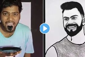 भन्नाट! कलाकाराने जीभेवर रंग टाकून बनवली विराट कोहलीची पेंटिंग, Video पाहून लोक भडकले, म्हणाले… Virat Kohli Painting Video Viral