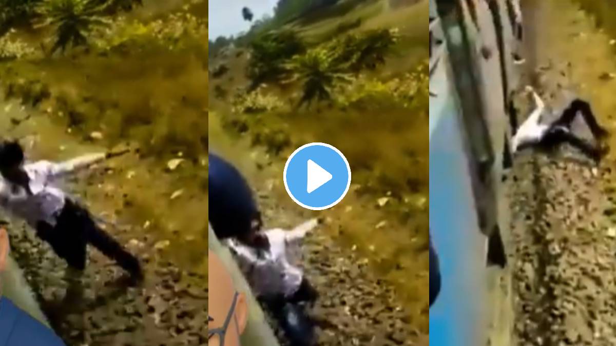 man fell on track from running train shocking video viral on social media
