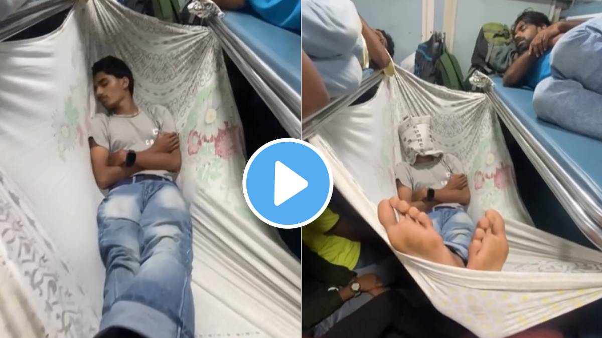 In the train the traveler made a bed by tying a sheet and slept in it