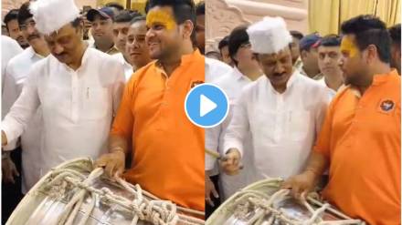 deputy chief ministers ajit pawar Plays Dhol in pune dagdusheth ganapati video viral on internet