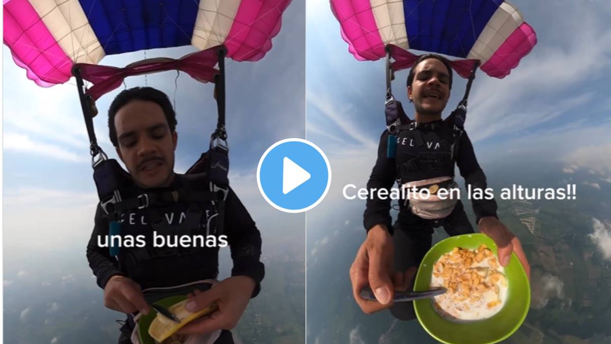 A man eats breakfast while paragliding high in the sky