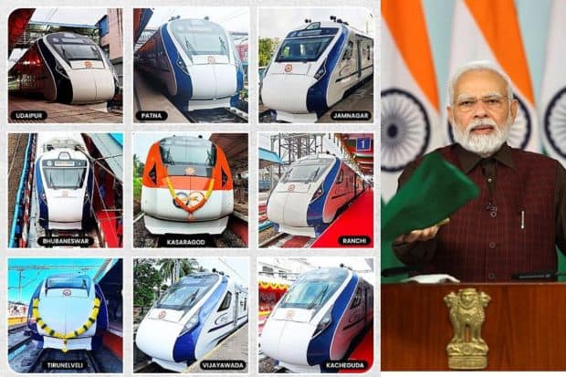 पंतप्रधान नरेंद्र मोदी यांनी रविवारी एकूण नऊ वंदे भारत एक्सप्रेस गाडयांना हिरवा झेंडा दाखवला. (Image Credit-PTI)