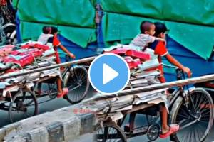 kid pulling trolley with younger brother sitting on his shoulder watch emotional video