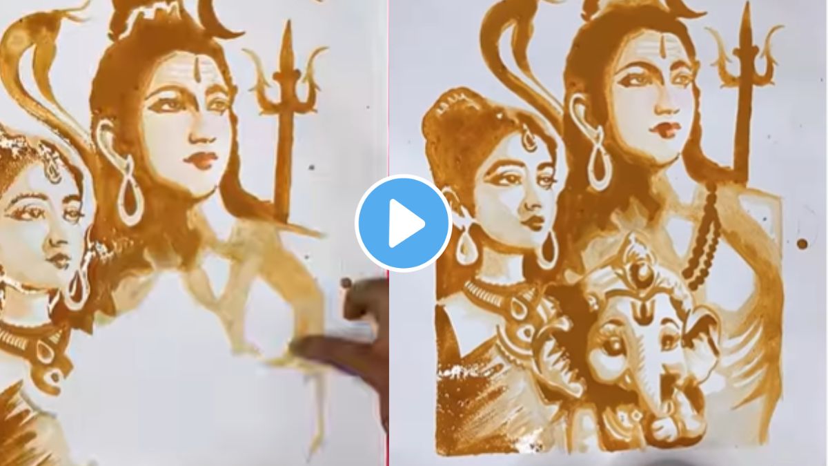 a boy drew shiv parwati and ganpati bappa picture