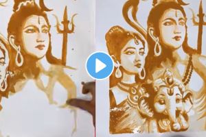 a boy drew shiv parwati and ganpati bappa picture