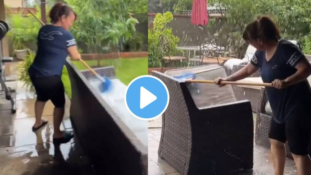 Mother washed the household items in the rain water