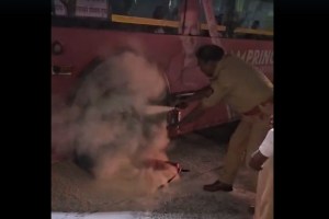 navi mumbai nmmt bus, nmmt bus catches fire, traffic police and bus driver, bus driver helped to extinguish fire