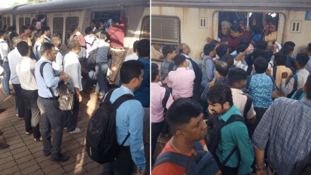 Passengers Dombivli travel standing jam-packed crowd dombivli local