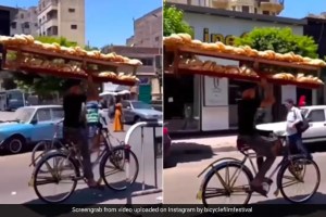 man carrying heavy tray of breads on his head while cycling in busy traffic in egypt people surprised watch