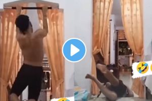 VIDEO : बॉडी बनवण्याचा नाद पडला महागात ! दरवाज्याचा रॉड घेऊन धाडकन् खाली पडला, व्हायरल व्हिडीओ एकदा पाहाच a boy doing exercise for Bodybuilding