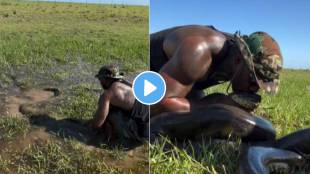 Person dragged giant python out of water mouth pressed and kissed and shocking video
