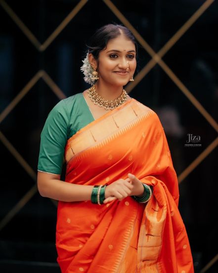 Rinku Rajguru Orange Paithani Saree