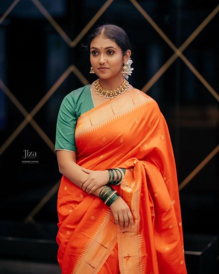 Rinku Rajguru Orange Paithani Saree