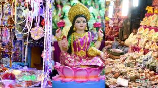 Market decorated with lamps and decorative items for Dhanteras and Diwali