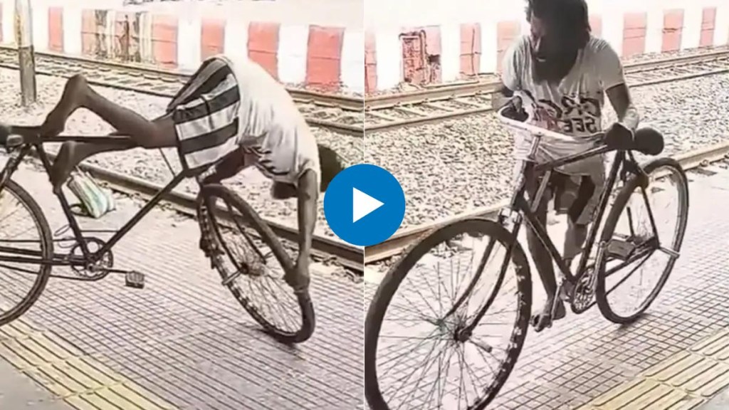 Man stunt on bicycle at railway plhaltform Instagram Viral video