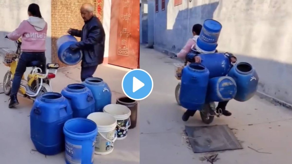 Viral Video Woman Funny Jugad To Put Bucket On elderly Man Head On Scooty