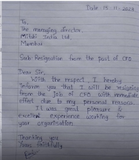 handwritten resignation letter from CFO Mitshi India Ltd