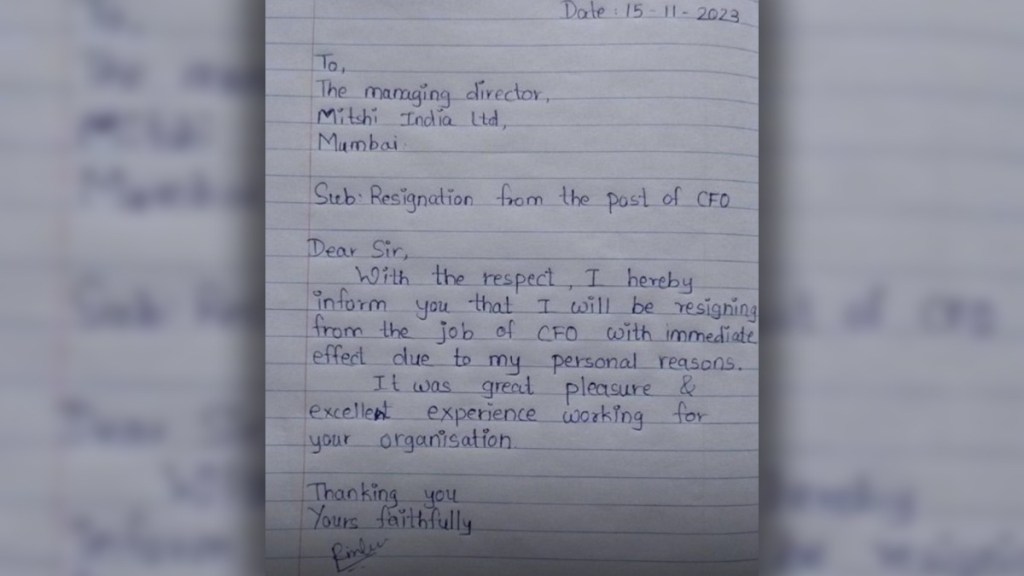 Mitshi India Ltd CFO handwritten letter