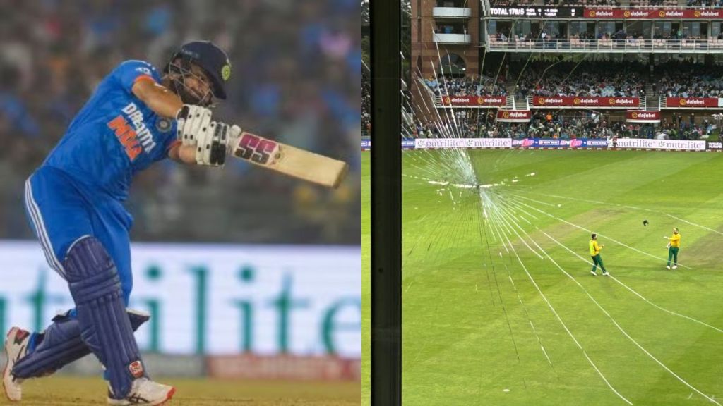 rinku singh six broke the media box glass