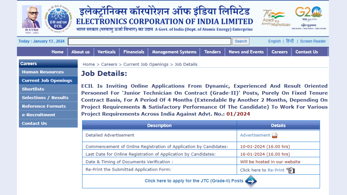 ECIL Junior Technician Recruitment 2024 Apply for 1100 JTC Grade II posts till Jan 16