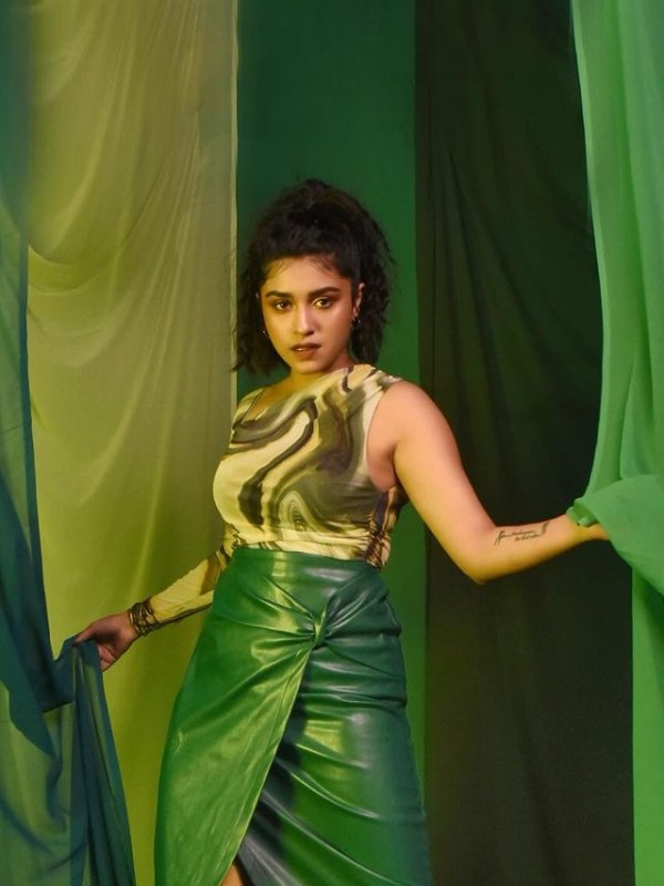 Sanskruti Balgude Green Leather Skirt