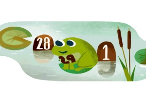 Google’s cute doodle for February’s Leap Day features a playful frog