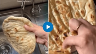 Woman washes naan before consuming it