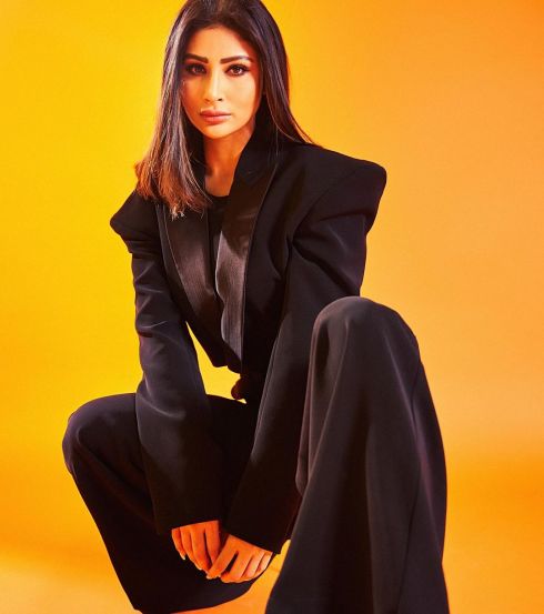Mouni Roy black crop blazer sleek pants look for zee cine awards press conference