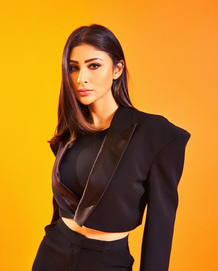 Mouni Roy black crop blazer sleek pants look for zee cine awards press conference