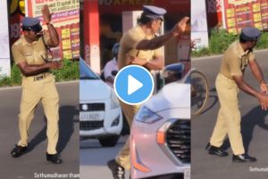 a traffic police keep his duty in filmy style while controlling traffic on the highway