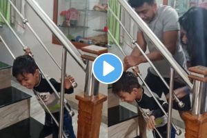 parents were scared by seeing a child head is seen stuck in the railing of the staircase